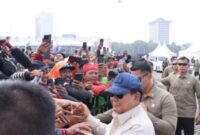 Presiden Republik Indonesia Prabowo Subianto hadir langsung dalam perayaan Hari Buruh Internasional 2025 di kawasan Monumen Nasional (Monas), Jakarta, Kamis (1/5/2025). (Dok. Tim Media Prabowo)